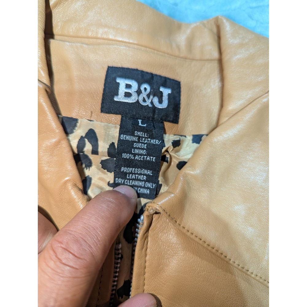 B&J Tan Leather and Suede Mixed Media Jacket Leopard‎ Print Lining Large